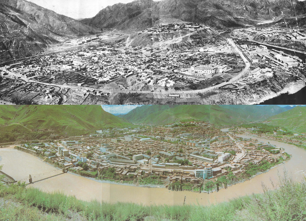 这张拼版照片显示的是：上世纪50年代的昌都（上）和上世纪80年代的昌都景色（资料照片）。新华社发
